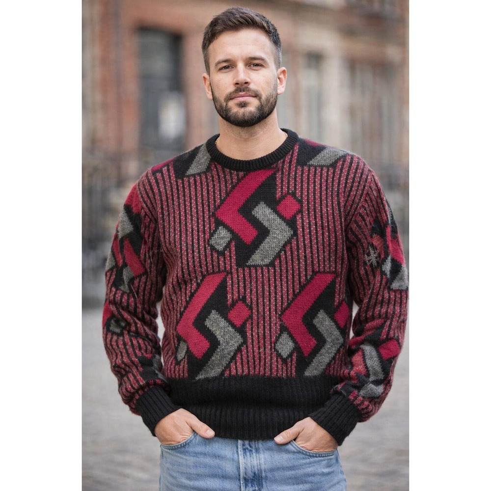 XL Indie Vintage sweater Eclectic Grandpa core Mens Black Red Geometric dad 80's